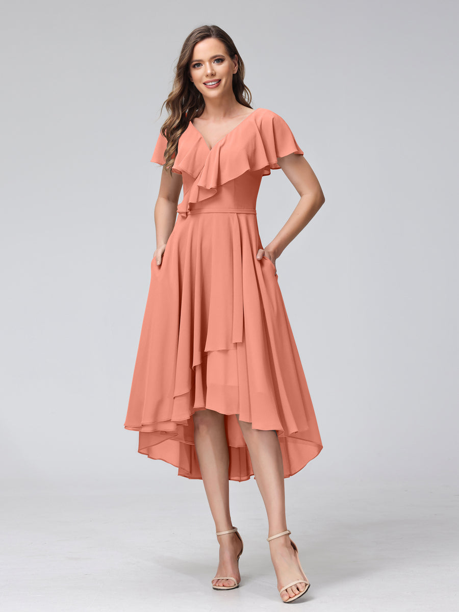 A-Line V-Neck Short Sleeves Asymmetrical Chiffon Bridesmaid Dresses With Pockets Salmon