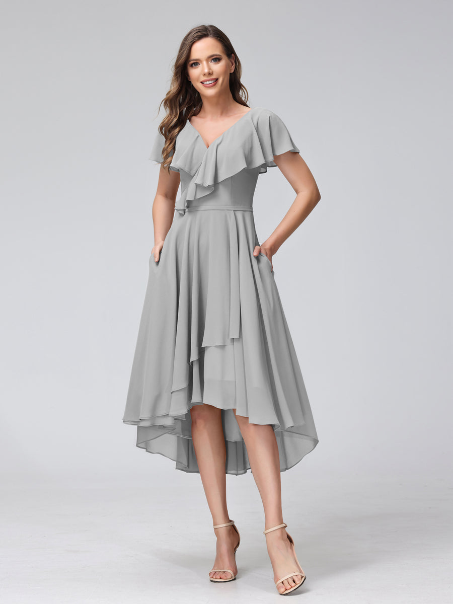 A-Line V-Neck Short Sleeves Asymmetrical Chiffon Bridesmaid Dresses With Pockets Silver