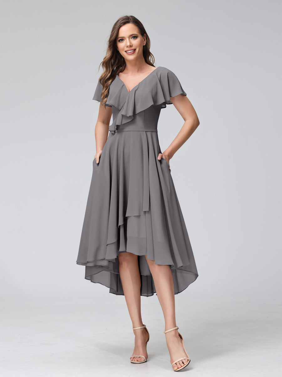 A-Line V-Neck Short Sleeves Asymmetrical Chiffon Bridesmaid Dresses With Pockets Silver Gray
