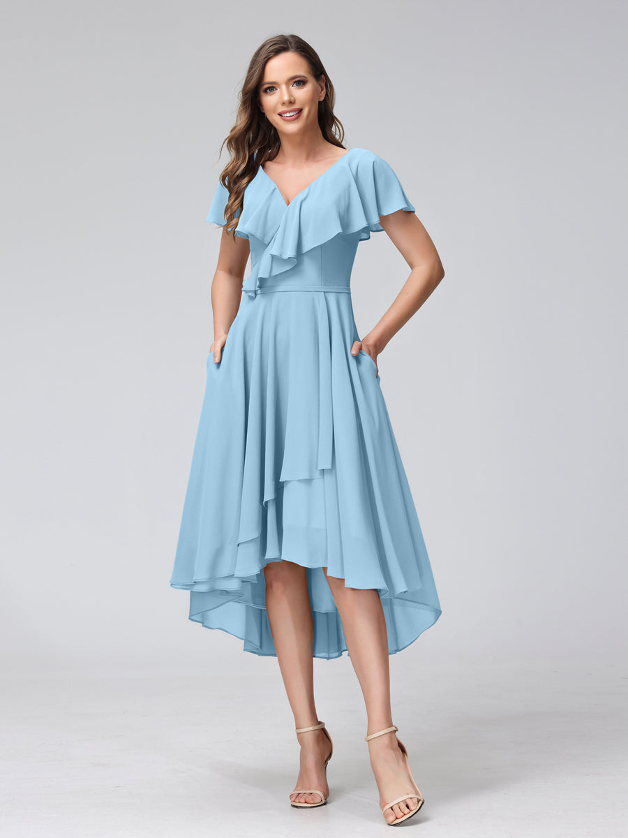 A-Line V-Neck Short Sleeves Asymmetrical Chiffon Bridesmaid Dresses With Pockets Sky Blue