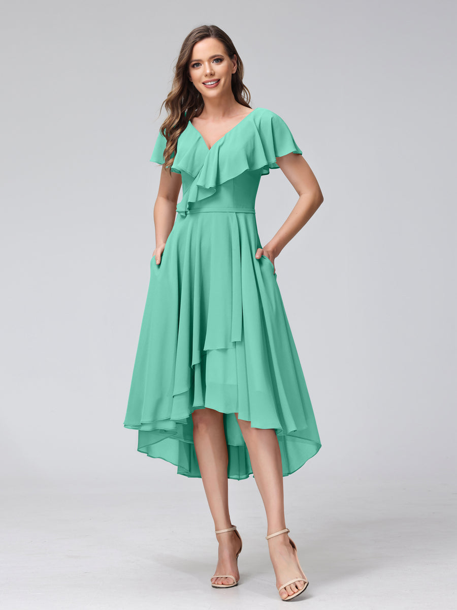 A-Line V-Neck Short Sleeves Asymmetrical Chiffon Bridesmaid Dresses With Pockets Spa
