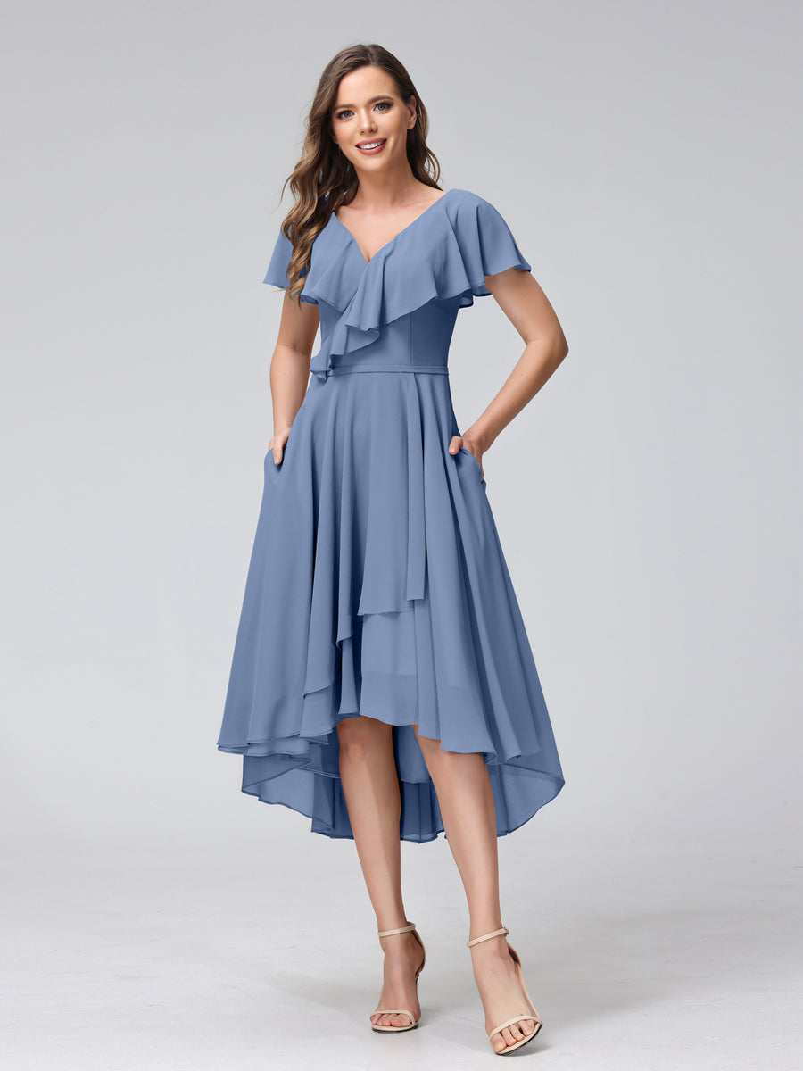 A-Line V-Neck Short Sleeves Asymmetrical Chiffon Bridesmaid Dresses With Pockets Steel Blue