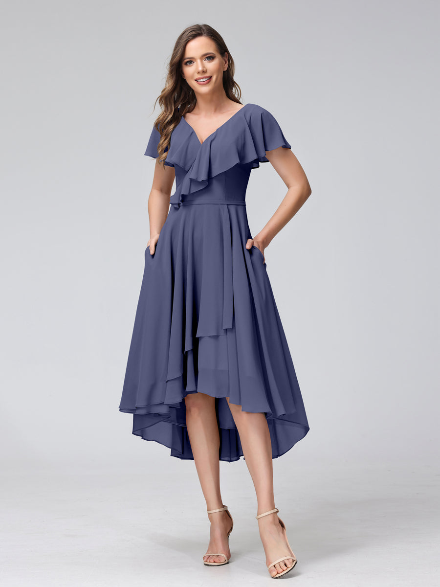 A-Line V-Neck Short Sleeves Asymmetrical Chiffon Bridesmaid Dresses With Pockets Stormy Blue