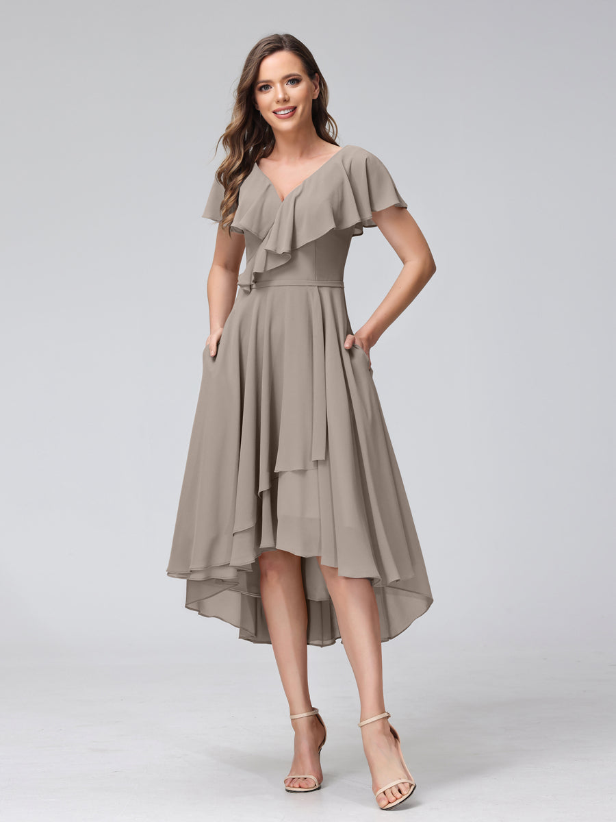 A-Line V-Neck Short Sleeves Asymmetrical Chiffon Bridesmaid Dresses With Pockets Taupe