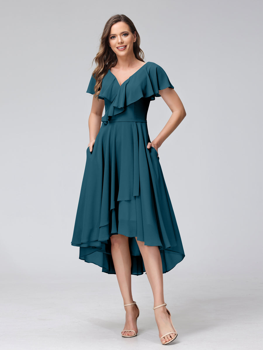 A-Line V-Neck Short Sleeves Asymmetrical Chiffon Bridesmaid Dresses With Pockets Teal