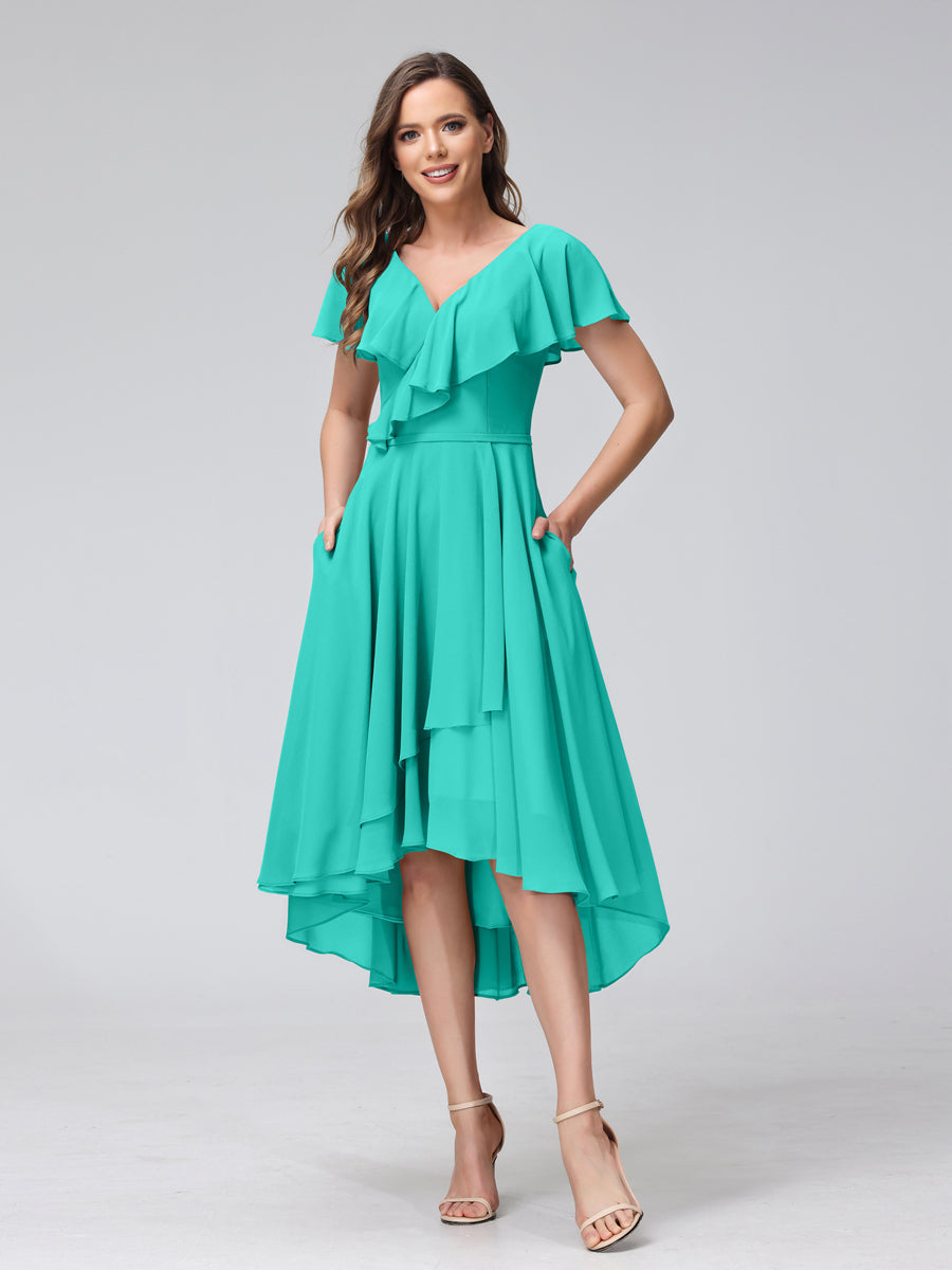 A-Line V-Neck Short Sleeves Asymmetrical Chiffon Bridesmaid Dresses With Pockets Turquoise