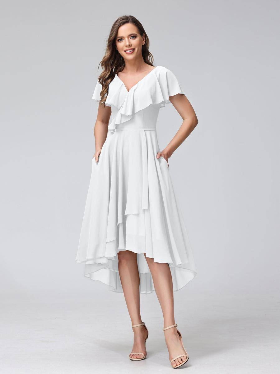 A-Line V-Neck Short Sleeves Asymmetrical Chiffon Bridesmaid Dresses With Pockets White