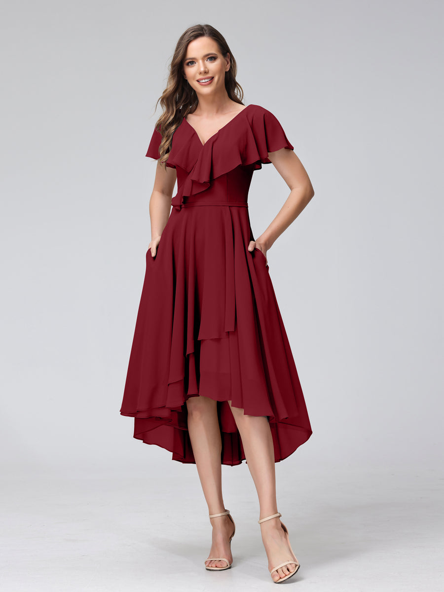 A-Line V-Neck Short Sleeves Asymmetrical Chiffon Bridesmaid Dresses With Pockets Wine Red