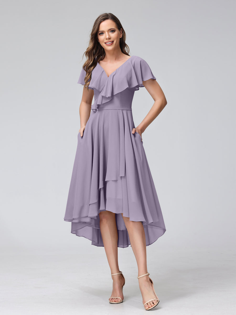 A-Line V-Neck Short Sleeves Asymmetrical Chiffon Bridesmaid Dresses With Pockets Wisteria