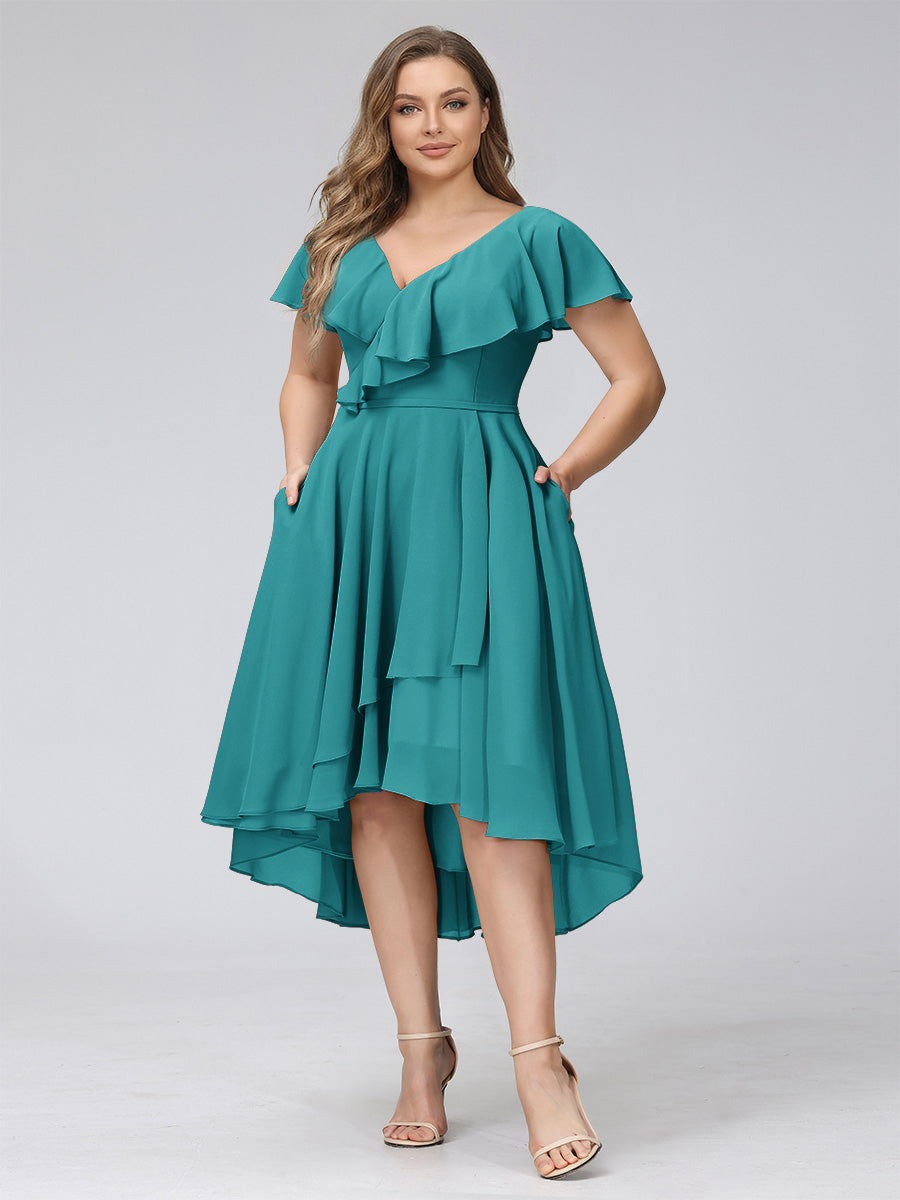 A-Line V-Neck Short Sleeves Asymmetrical Chiffon Plus Size Bridesmaid Dresses With Pockets Aqua Blue