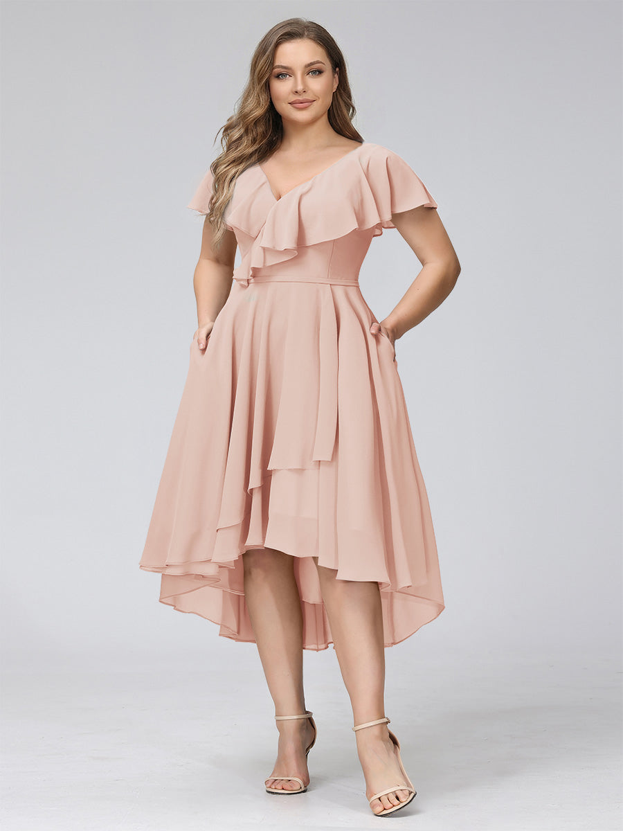 A-Line V-Neck Short Sleeves Asymmetrical Chiffon Plus Size Bridesmaid Dresses With Pockets Blush Pink