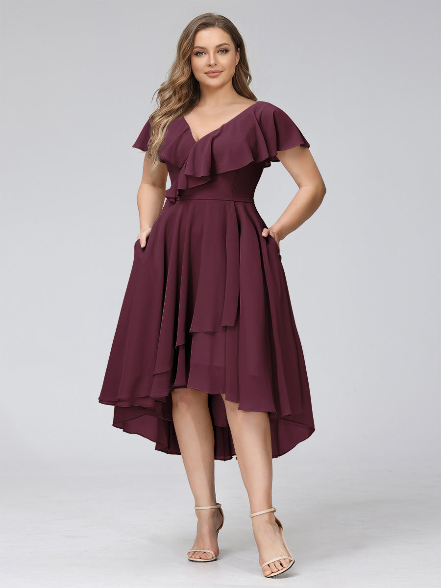 A-Line V-Neck Short Sleeves Asymmetrical Chiffon Plus Size Bridesmaid Dresses With Pockets Burgundy