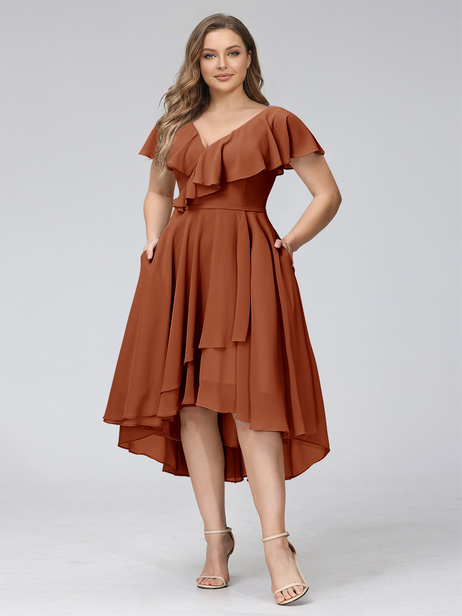 A-Line V-Neck Short Sleeves Asymmetrical Chiffon Plus Size Bridesmaid Dresses With Pockets Burnt Orange