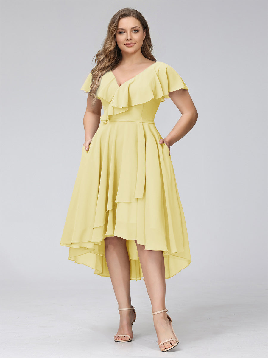 A-Line V-Neck Short Sleeves Asymmetrical Chiffon Plus Size Bridesmaid Dresses With Pockets Canary