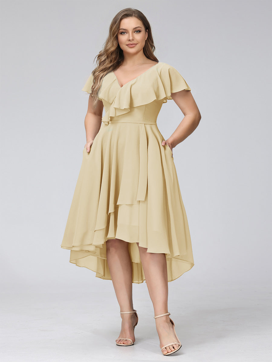 A-Line V-Neck Short Sleeves Asymmetrical Chiffon Plus Size Bridesmaid Dresses With Pockets Champagne