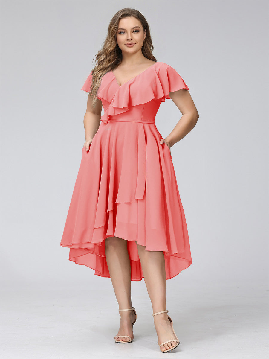 A-Line V-Neck Short Sleeves Asymmetrical Chiffon Plus Size Bridesmaid Dresses With Pockets Coral