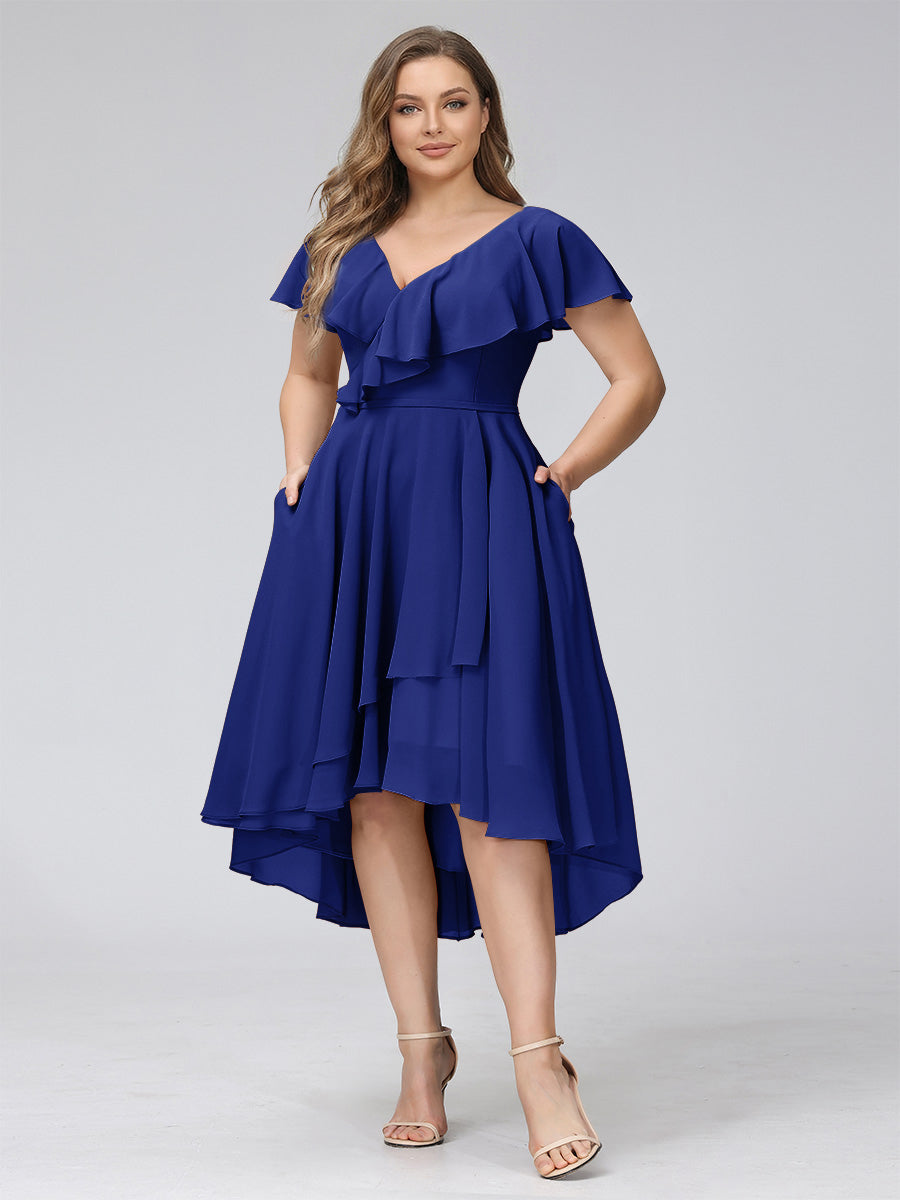 A-Line V-Neck Short Sleeves Asymmetrical Chiffon Plus Size Bridesmaid Dresses With Pockets Dark Royal Blue