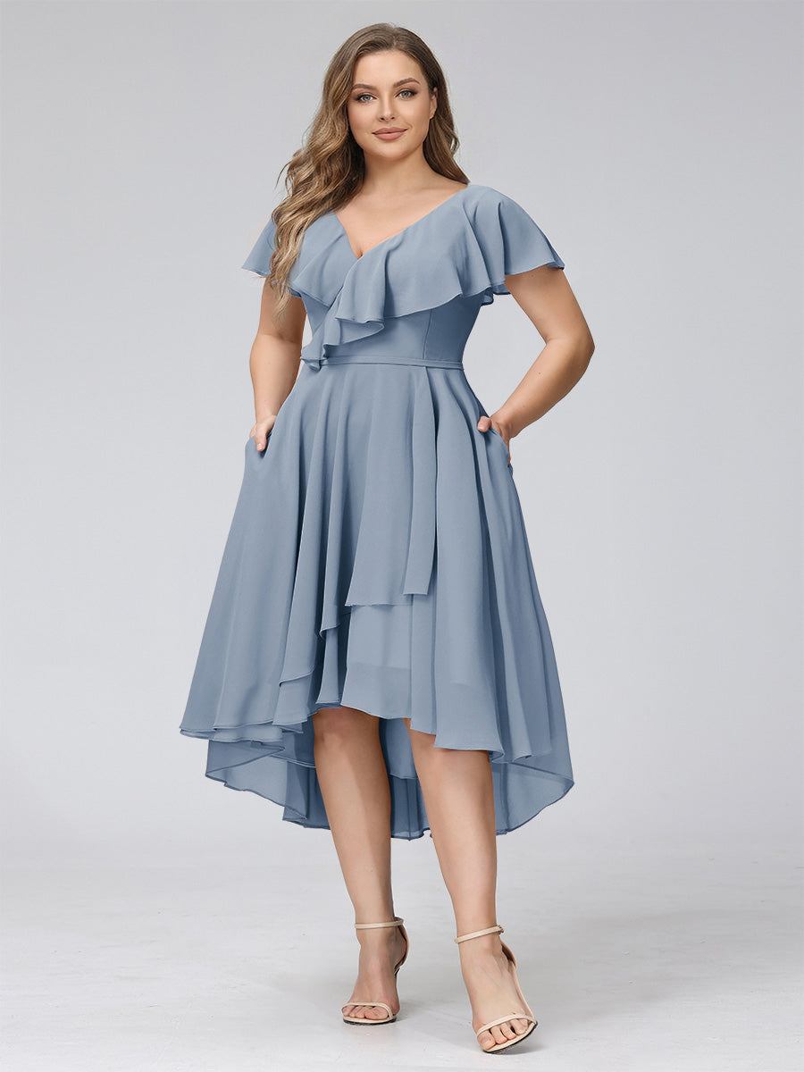 A-Line V-Neck Short Sleeves Asymmetrical Chiffon Plus Size Bridesmaid Dresses With Pockets Dusty Blue