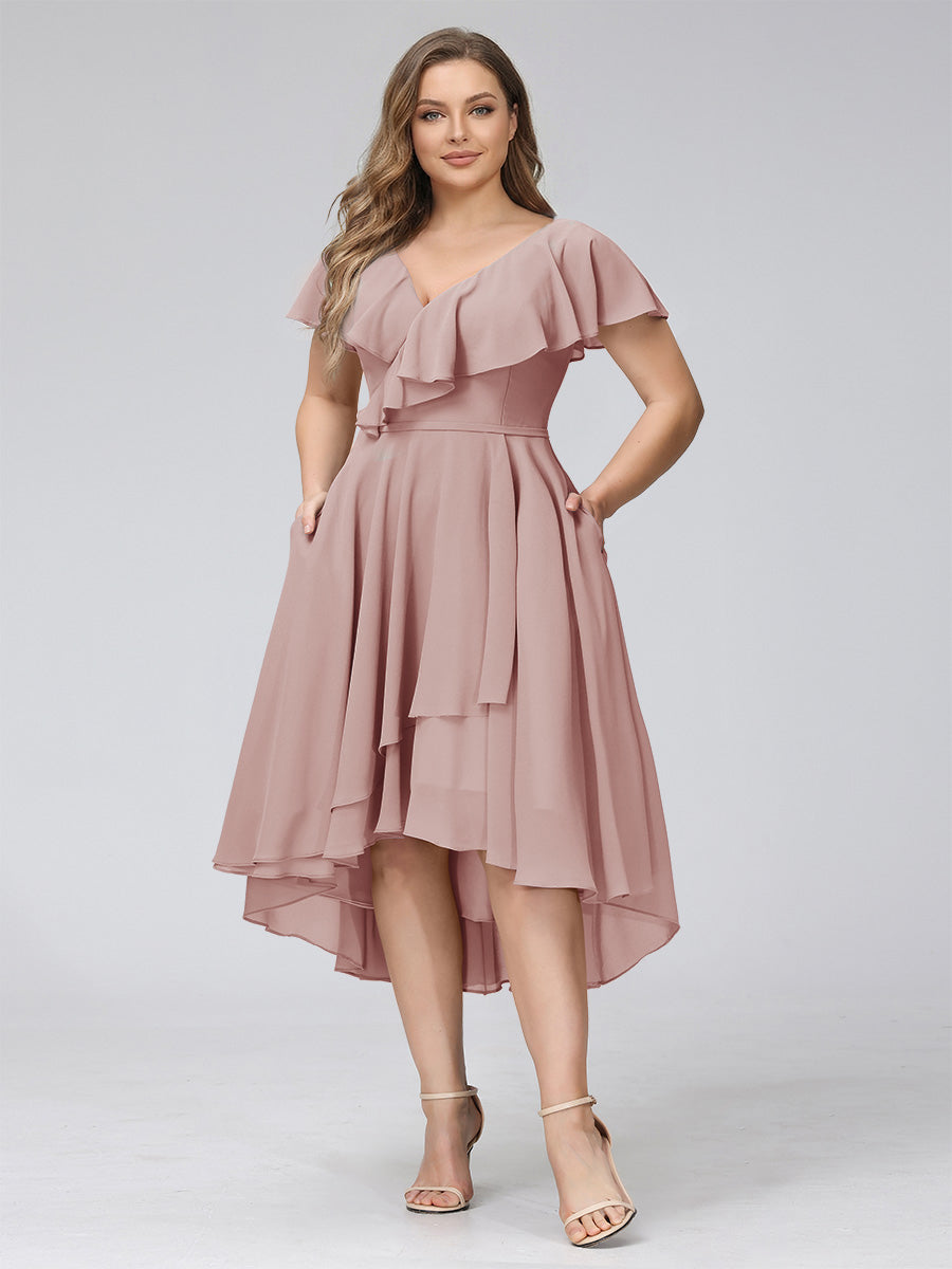 A-Line V-Neck Short Sleeves Asymmetrical Chiffon Plus Size Bridesmaid Dresses With Pockets Dusty Pink