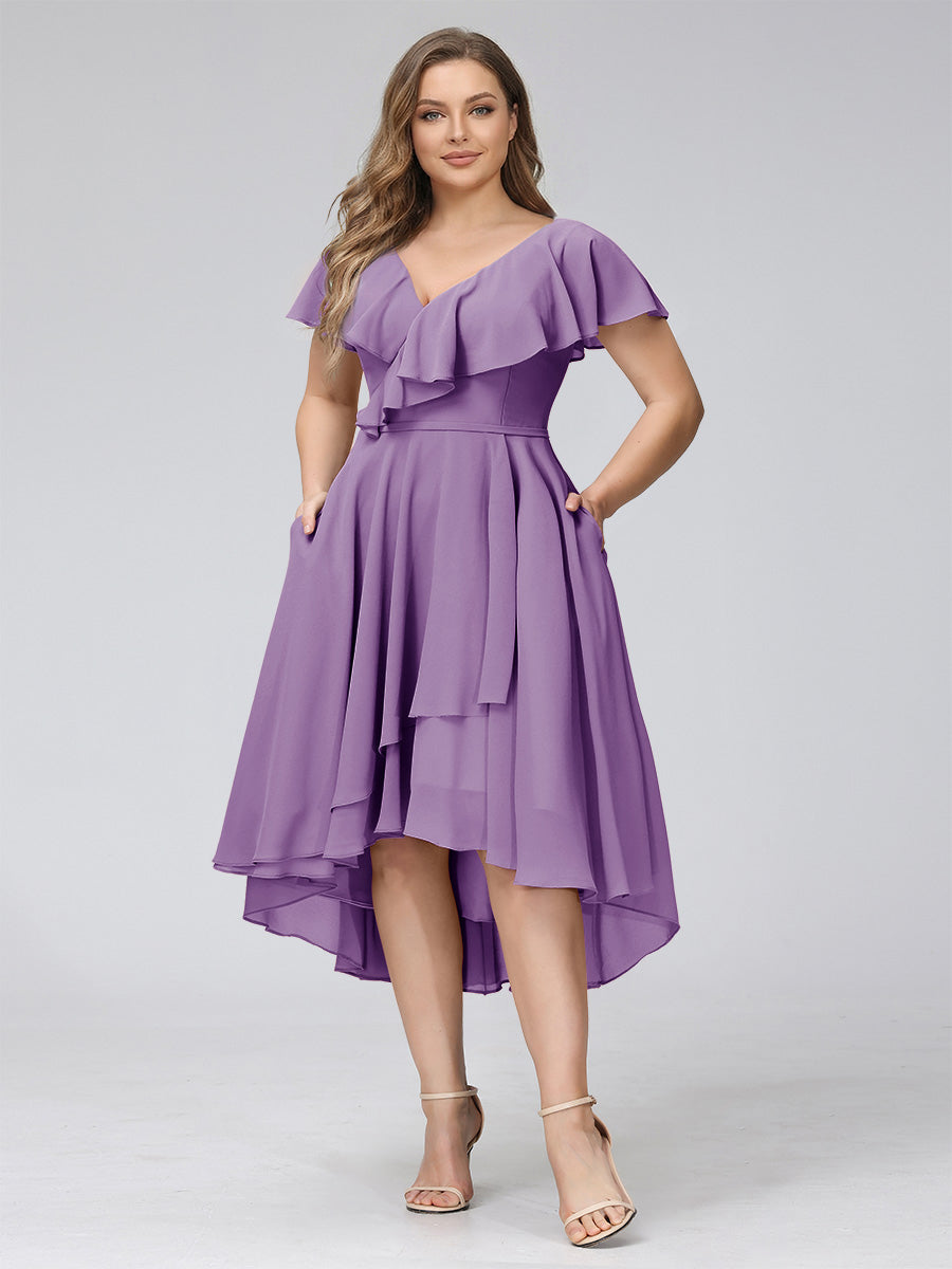 A-Line V-Neck Short Sleeves Asymmetrical Chiffon Plus Size Bridesmaid Dresses With Pockets Dusty Purple