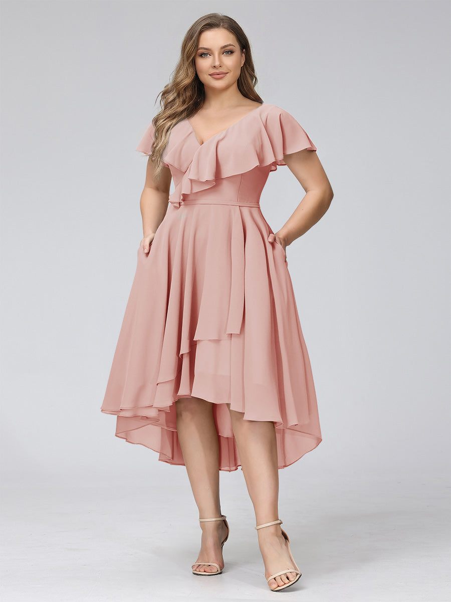 A-Line V-Neck Short Sleeves Asymmetrical Chiffon Plus Size Bridesmaid Dresses With Pockets Dusty Rose