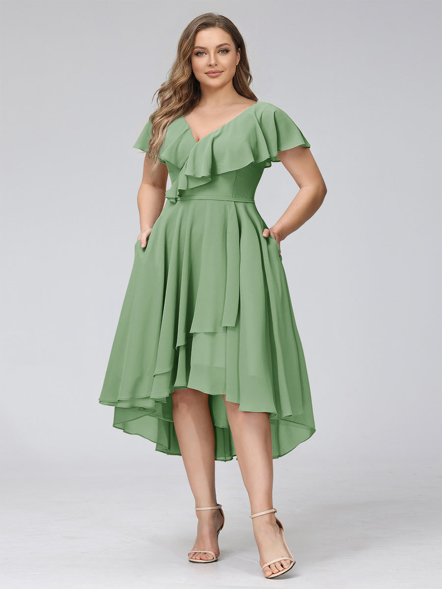 A-Line V-Neck Short Sleeves Asymmetrical Chiffon Plus Size Bridesmaid Dresses With Pockets Dusty Sage