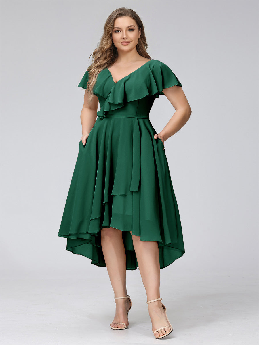 A-Line V-Neck Short Sleeves Asymmetrical Chiffon Plus Size Bridesmaid Dresses With Pockets Emerald