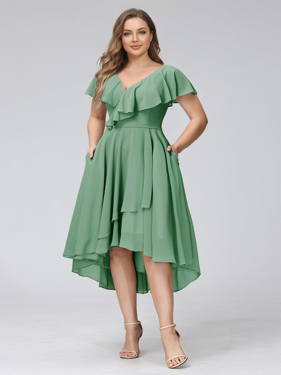 A-Line V-Neck Short Sleeves Asymmetrical Chiffon Plus Size Bridesmaid Dresses With Pockets Eucalyptus