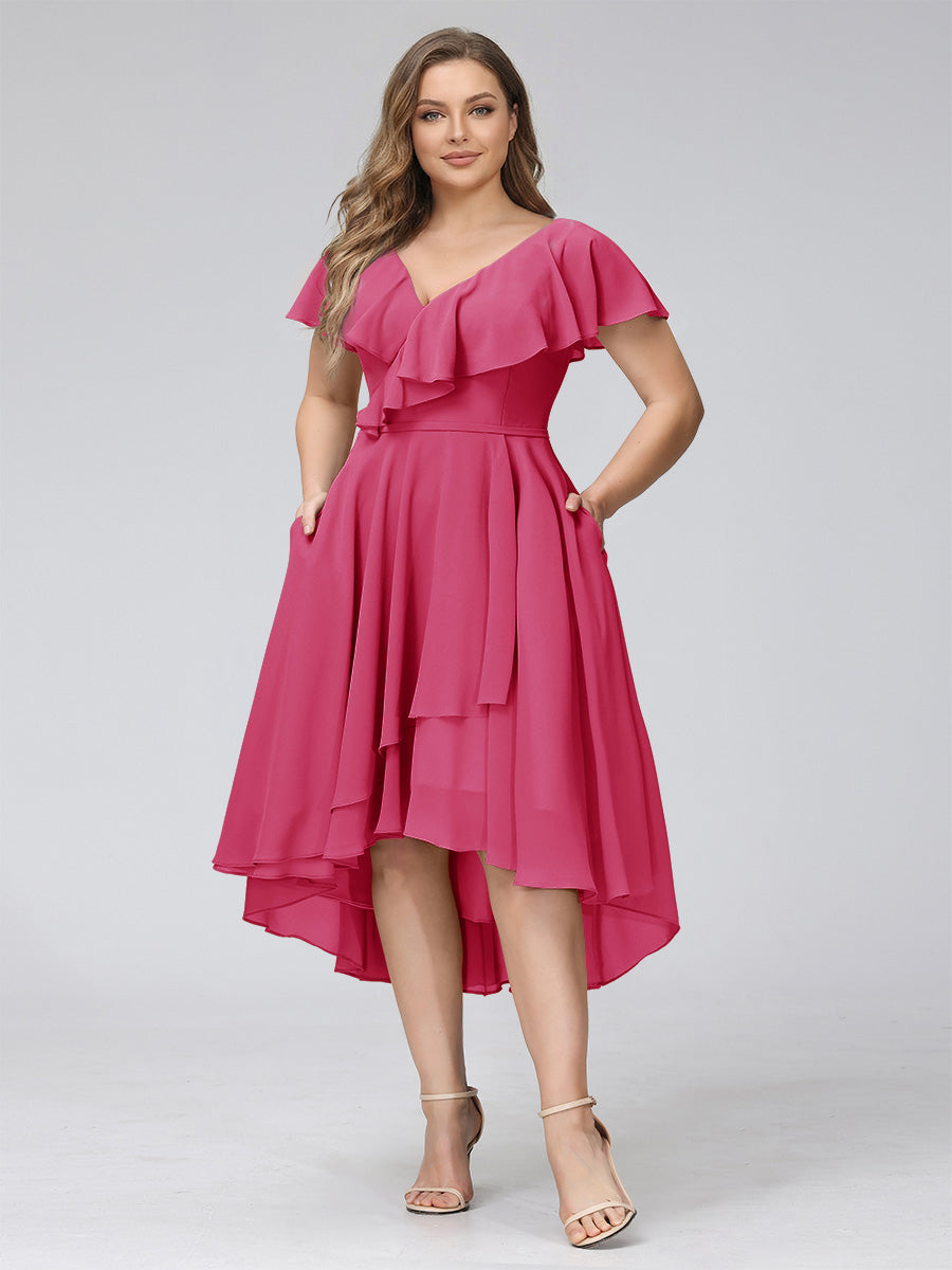 A-Line V-Neck Short Sleeves Asymmetrical Chiffon Plus Size Bridesmaid Dresses With Pockets Fuchsia