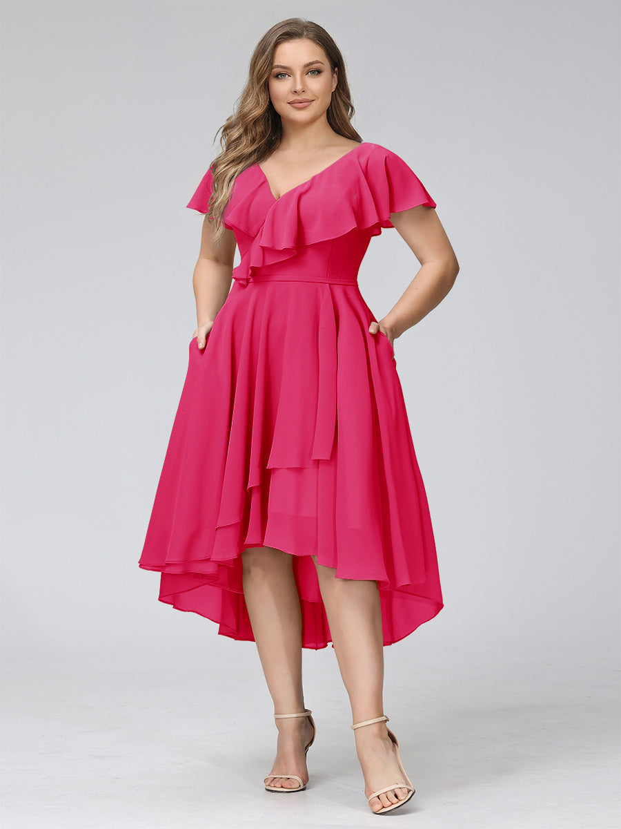 A-Line V-Neck Short Sleeves Asymmetrical Chiffon Plus Size Bridesmaid Dresses With Pockets Fuchsia Pink