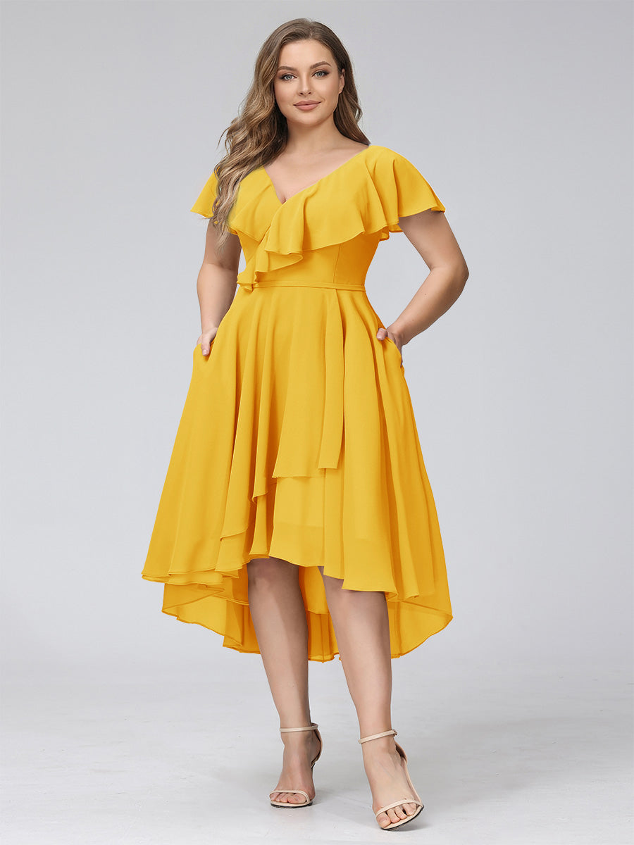 A-Line V-Neck Short Sleeves Asymmetrical Chiffon Plus Size Bridesmaid Dresses With Pockets Gold