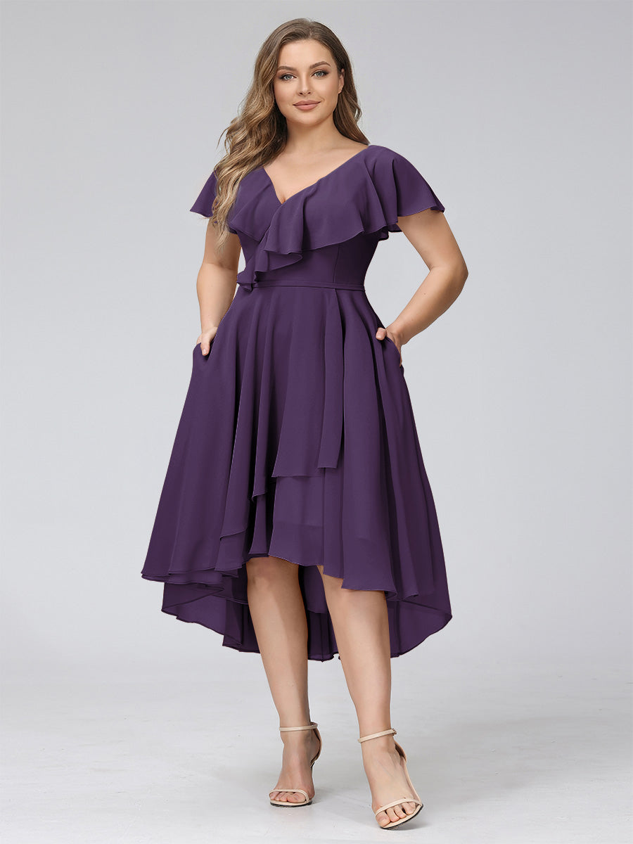 A-Line V-Neck Short Sleeves Asymmetrical Chiffon Plus Size Bridesmaid Dresses With Pockets Gray