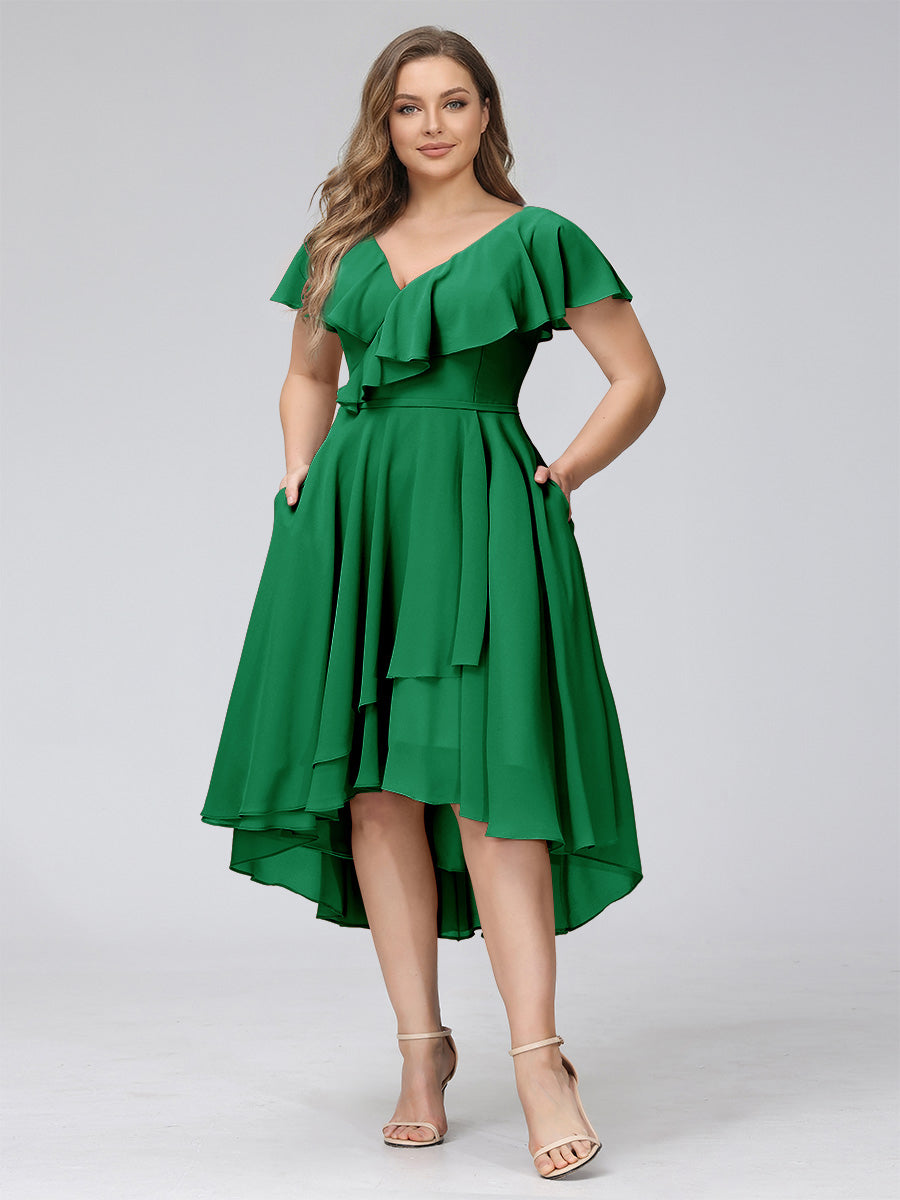 A-Line V-Neck Short Sleeves Asymmetrical Chiffon Plus Size Bridesmaid Dresses With Pockets Green