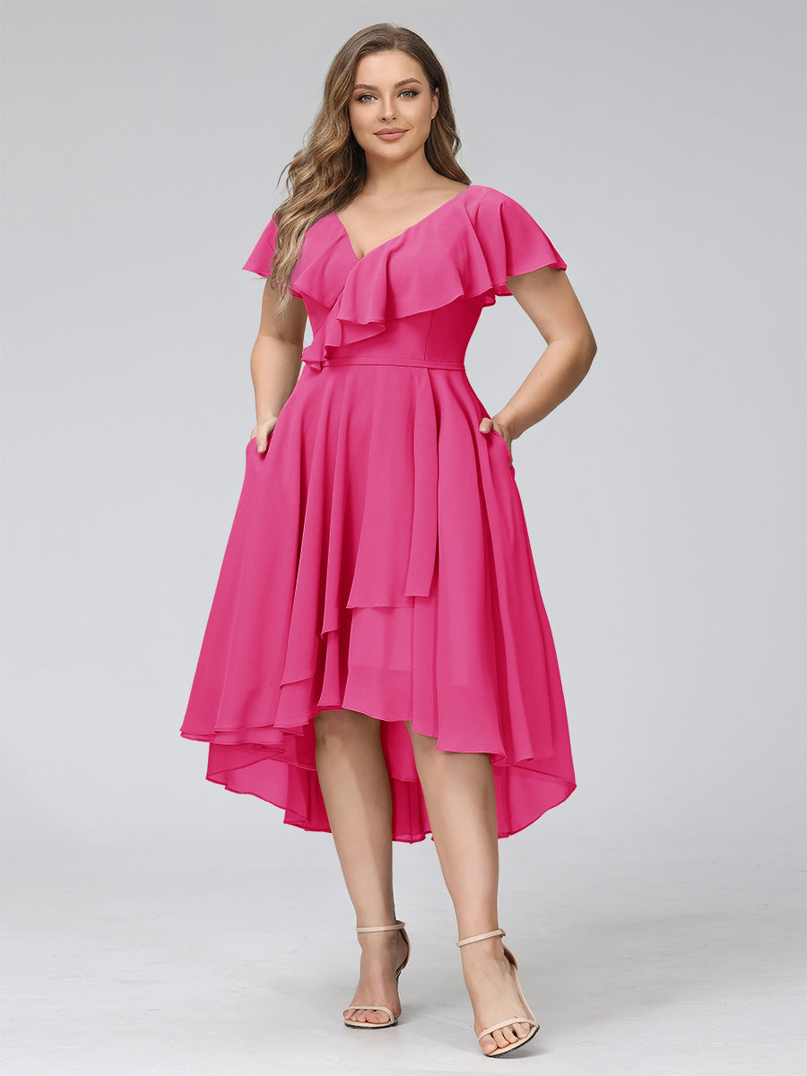 A-Line V-Neck Short Sleeves Asymmetrical Chiffon Plus Size Bridesmaid Dresses With Pockets Hot Pink