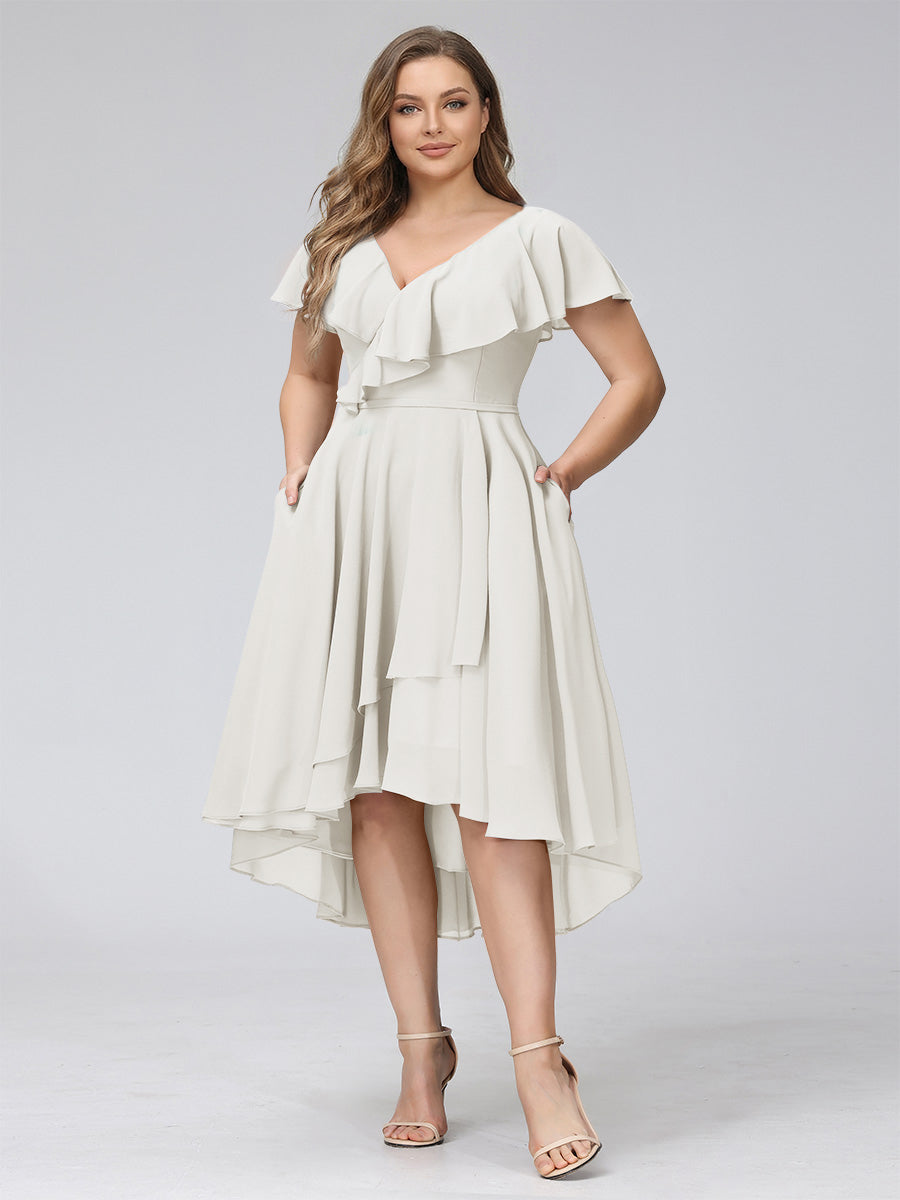 A-Line V-Neck Short Sleeves Asymmetrical Chiffon Plus Size Bridesmaid Dresses With Pockets Ivory
