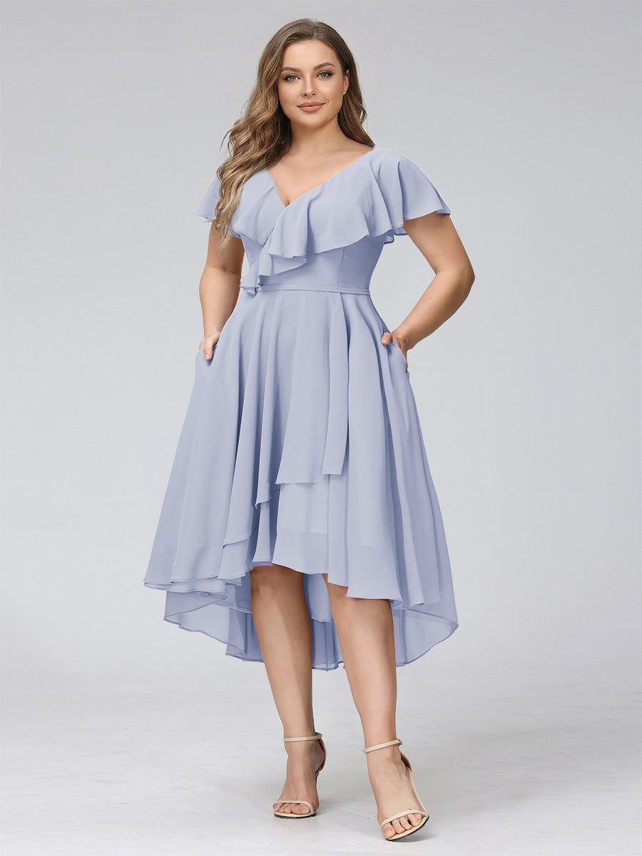 A-Line V-Neck Short Sleeves Asymmetrical Chiffon Plus Size Bridesmaid Dresses With Pockets Lavender