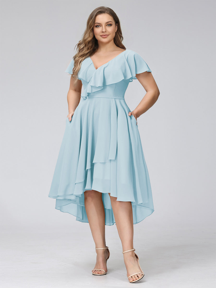 A-Line V-Neck Short Sleeves Asymmetrical Chiffon Plus Size Bridesmaid Dresses With Pockets Light Blue
