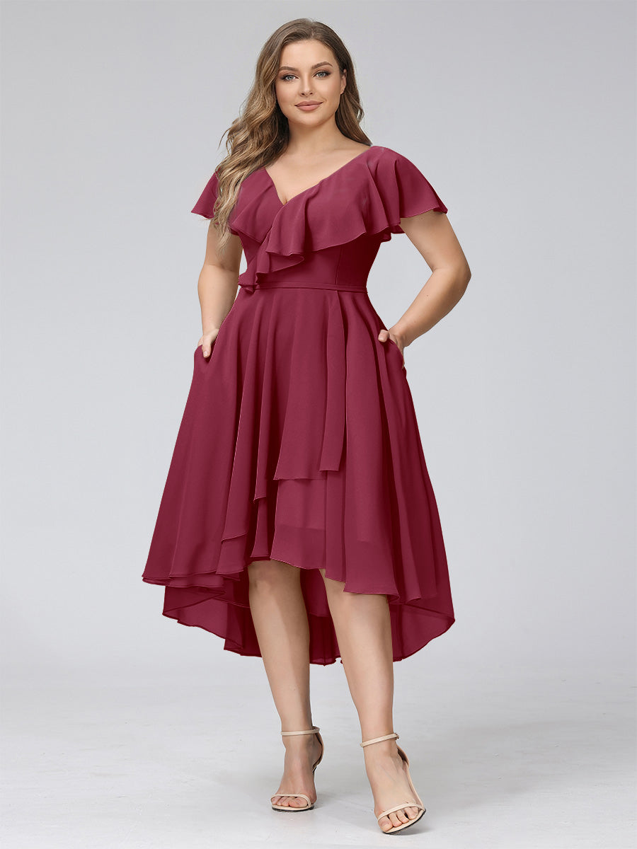 A-Line V-Neck Short Sleeves Asymmetrical Chiffon Plus Size Bridesmaid Dresses With Pockets Light Burgundy