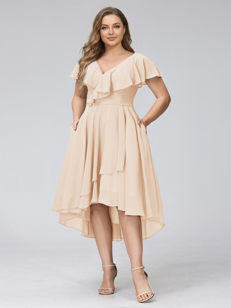 A-Line V-Neck Short Sleeves Asymmetrical Chiffon Plus Size Bridesmaid Dresses With Pockets Light Champagne
