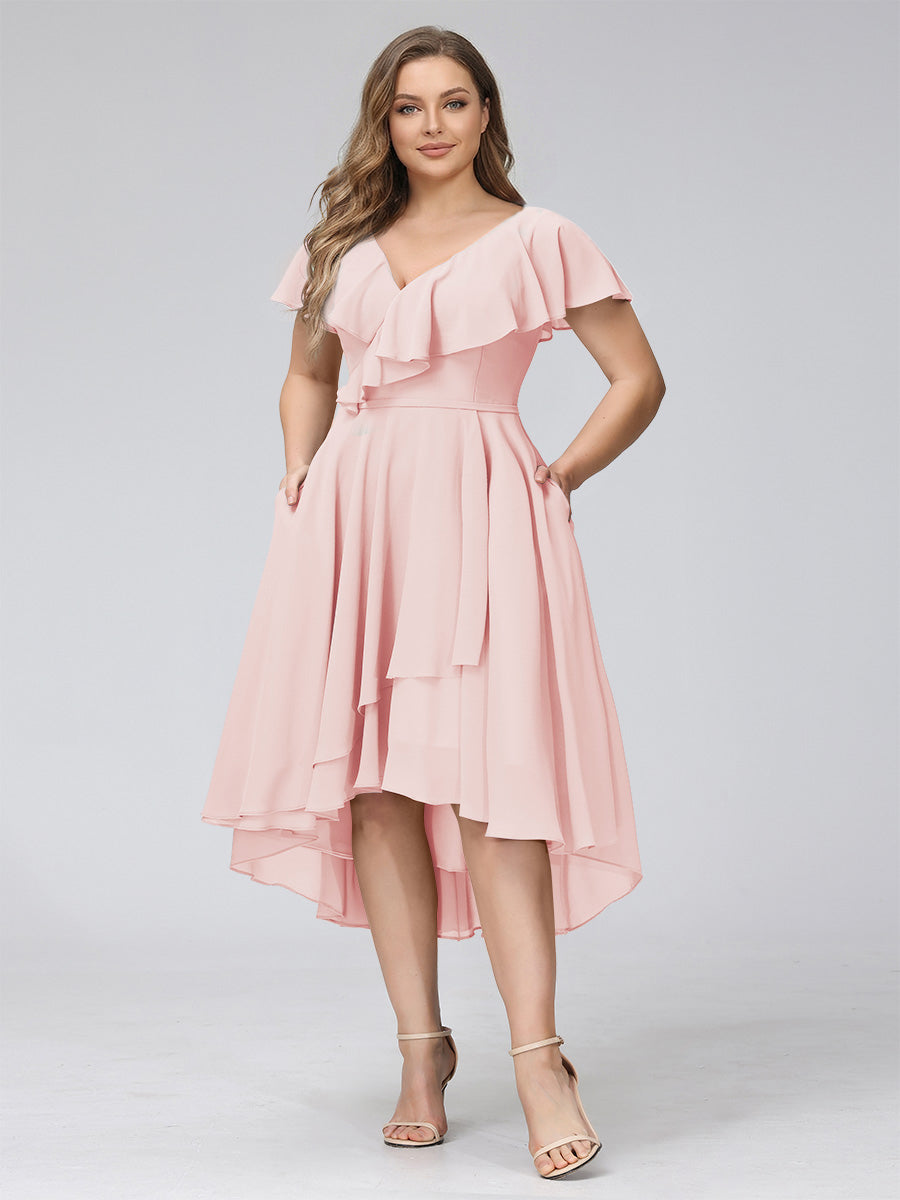 A-Line V-Neck Short Sleeves Asymmetrical Chiffon Plus Size Bridesmaid Dresses With Pockets Light Pink