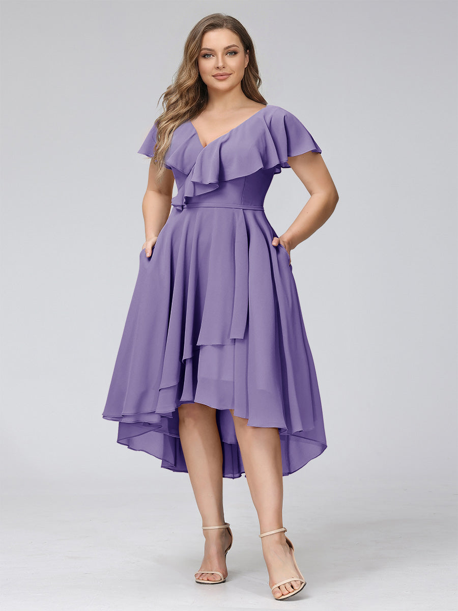 A-Line V-Neck Short Sleeves Asymmetrical Chiffon Plus Size Bridesmaid Dresses With Pockets Light Purple