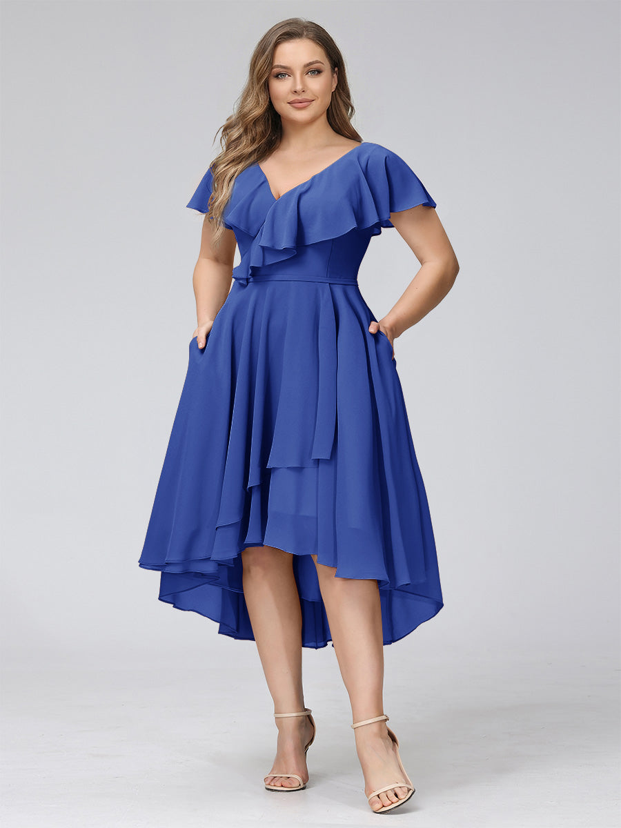 A-Line V-Neck Short Sleeves Asymmetrical Chiffon Plus Size Bridesmaid Dresses With Pockets Light Royal Blue