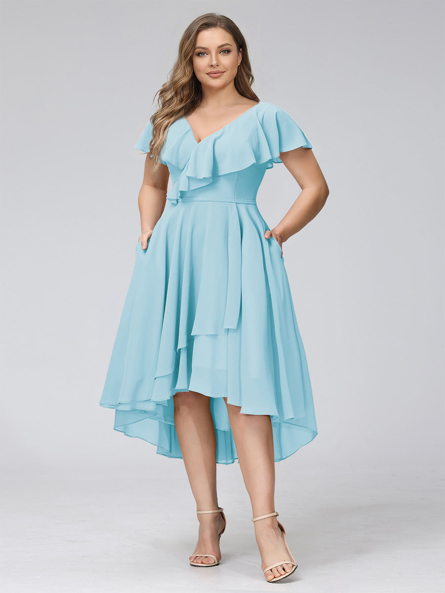 A-Line V-Neck Short Sleeves Asymmetrical Chiffon Plus Size Bridesmaid Dresses With Pockets Light Sky Blue