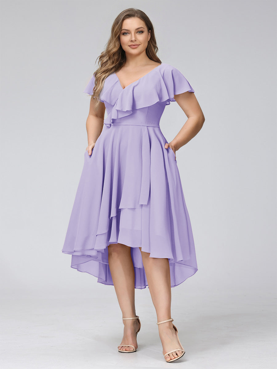 A-Line V-Neck Short Sleeves Asymmetrical Chiffon Plus Size Bridesmaid Dresses With Pockets Lilac