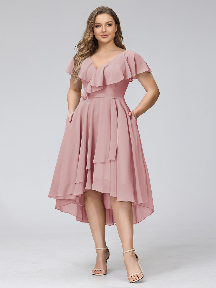 A-Line V-Neck Short Sleeves Asymmetrical Chiffon Plus Size Bridesmaid Dresses With Pockets Mauve