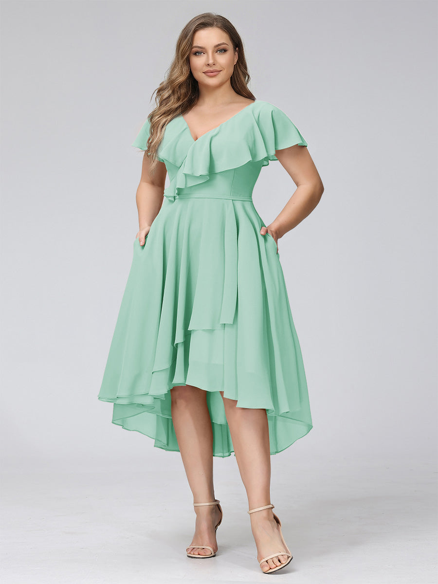 A-Line V-Neck Short Sleeves Asymmetrical Chiffon Plus Size Bridesmaid Dresses With Pockets Mint Green