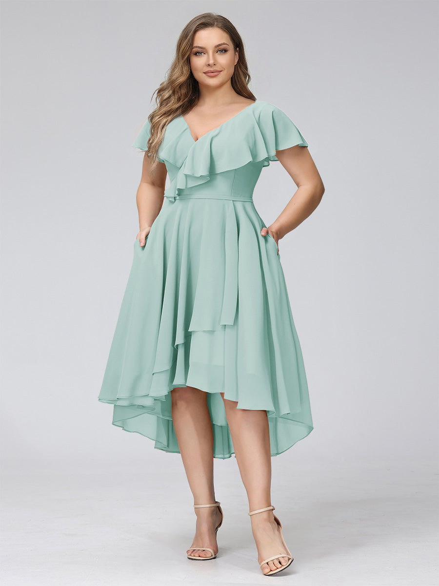 A-Line V-Neck Short Sleeves Asymmetrical Chiffon Plus Size Bridesmaid Dresses With Pockets Mist Blue