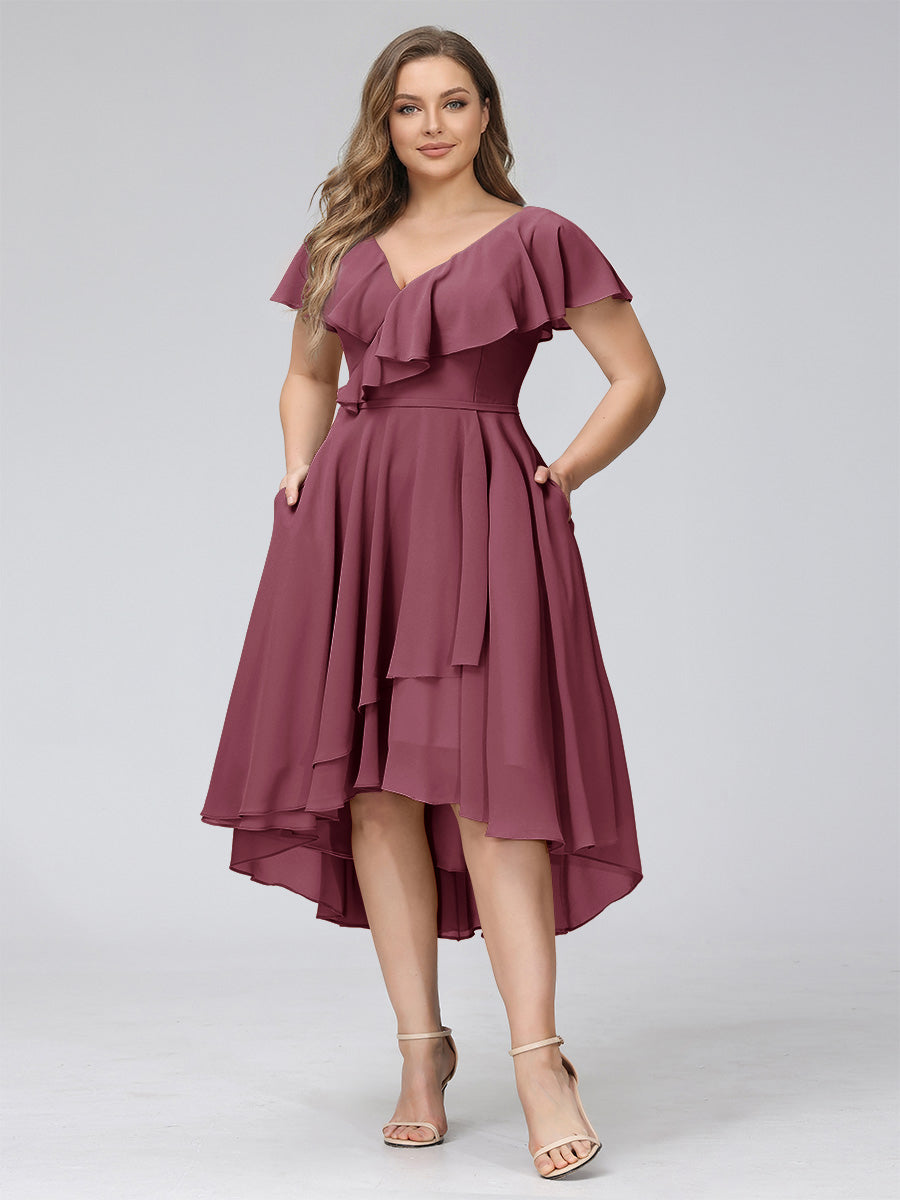 A-Line V-Neck Short Sleeves Asymmetrical Chiffon Plus Size Bridesmaid Dresses With Pockets Mulberry