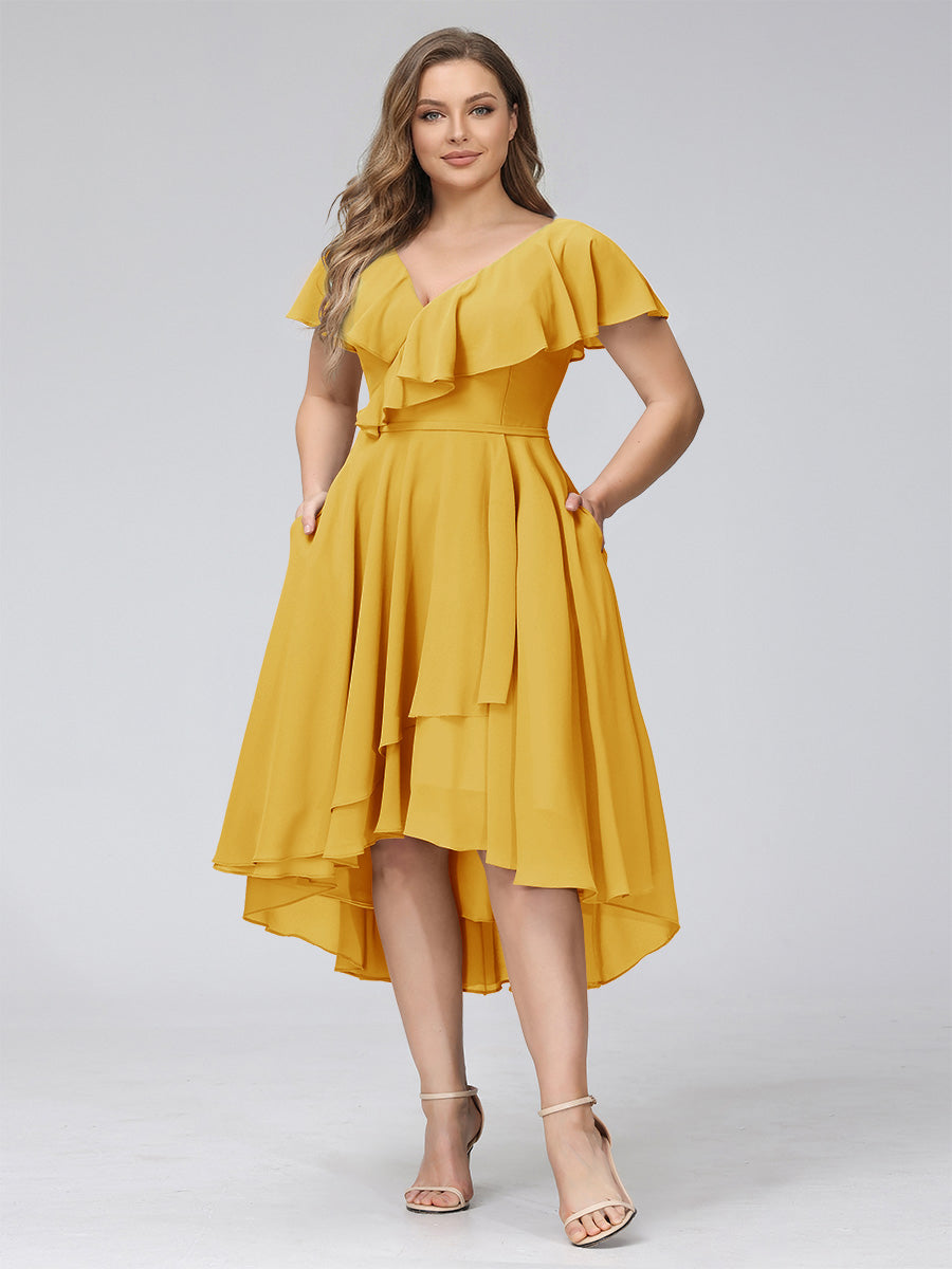 A-Line V-Neck Short Sleeves Asymmetrical Chiffon Plus Size Bridesmaid Dresses With Pockets Mustard Yellow