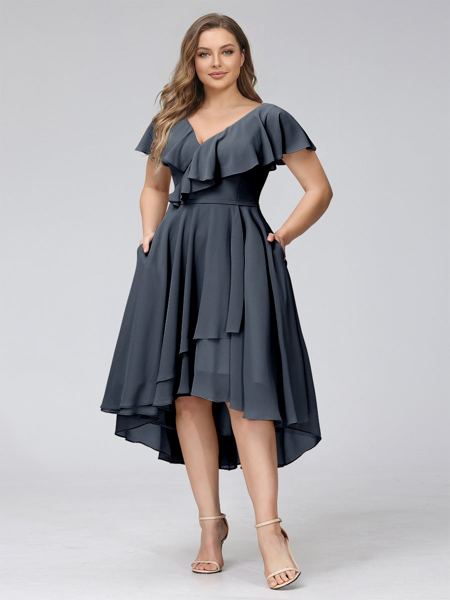 A-Line V-Neck Short Sleeves Asymmetrical Chiffon Plus Size Bridesmaid Dresses With Pockets Navy Blue